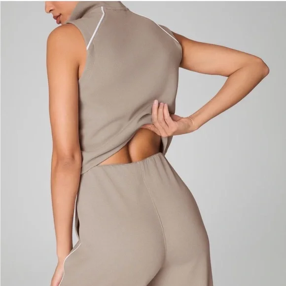 SPANX AirEssentials Sleeveless Wide-Leg Jumpsuit in Taupe with White Piping - Picture 2 of 9